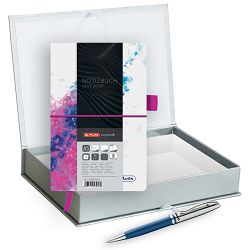 Set poklon notes Herlitz  A5 crte s gumicom pink/plava + olovka kemijska Pelikan velvet plava