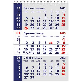 Kalendar zidni trodijelni mali 2023.-3 mjesec/listu, spirala