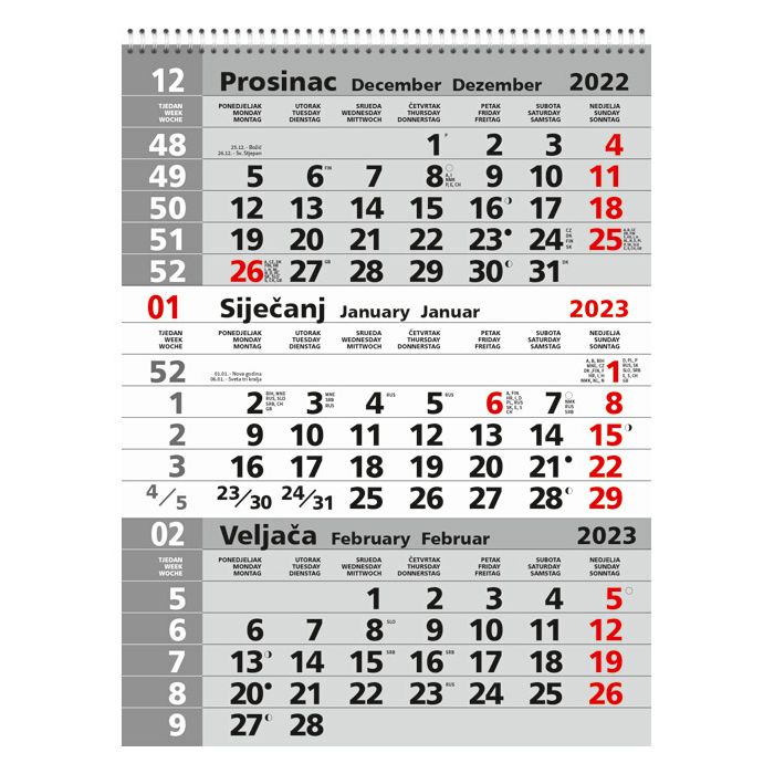 Kalendar zidni trodijelni 2023. sa spiralom sivi