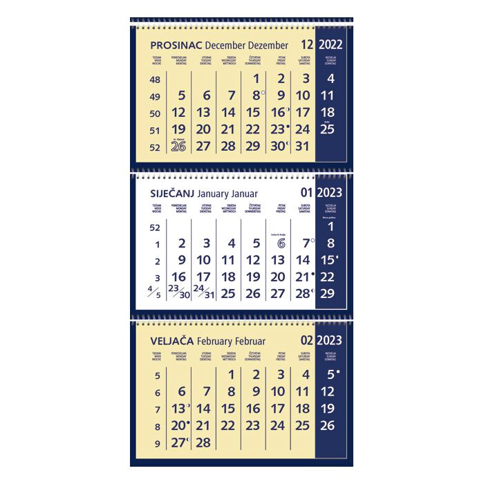 Kalendar zidni trodijelni 2023. s 3 spirale plavi