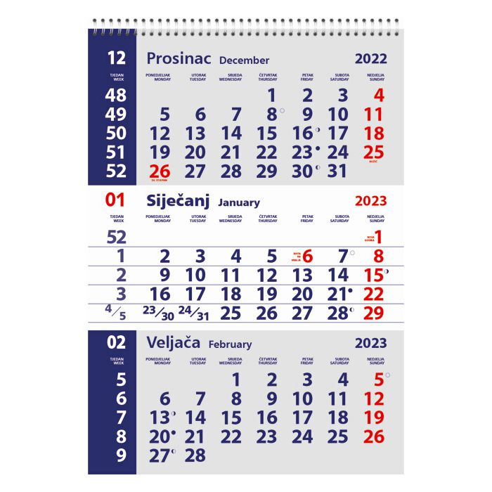 Kalendar zidni trodijelni mali 2023.-3 mjesec/listu, spirala