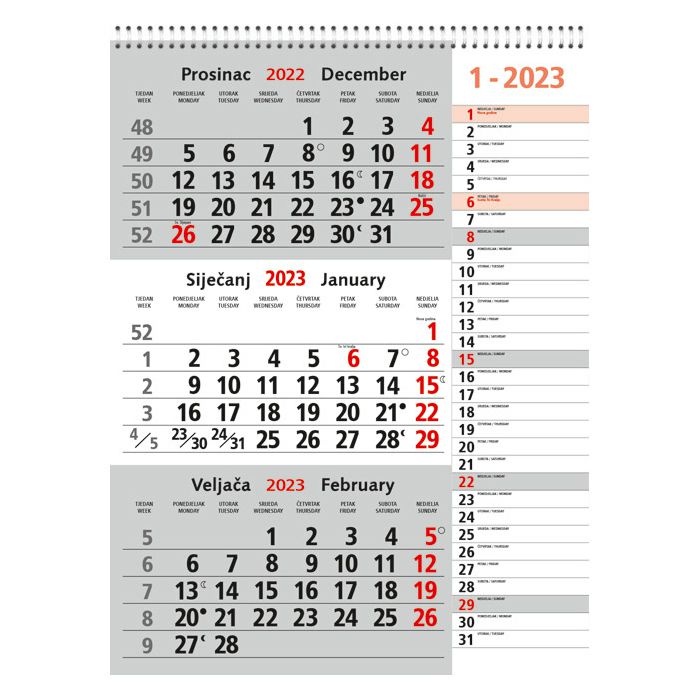 Kalendar zidni trodijelni 2023. memo sa spiralom