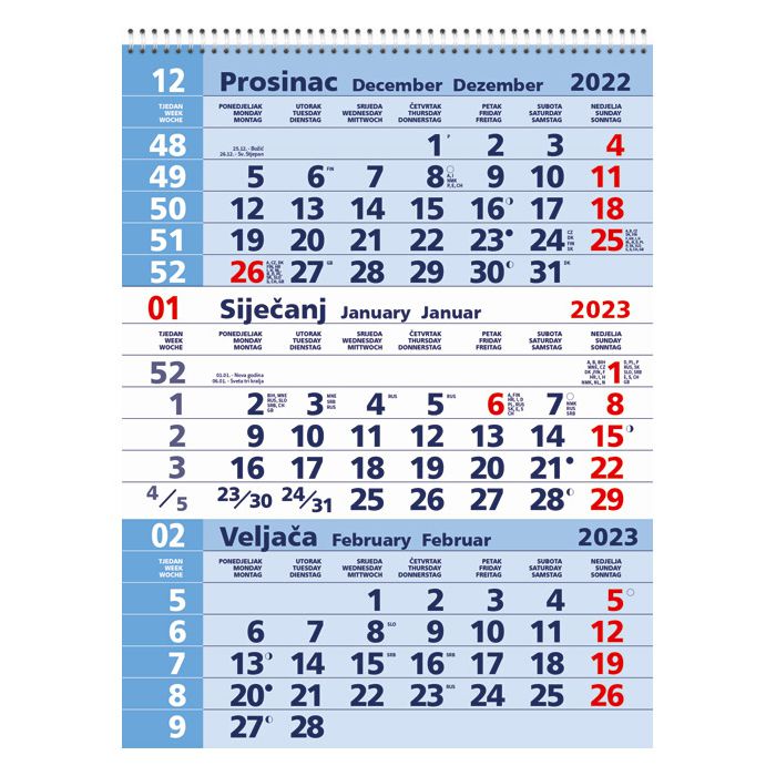 Kalendar zidni trodijelni 2023. sa spiralom plavi