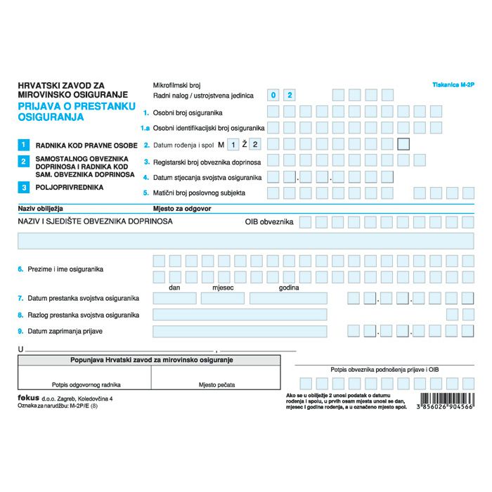 Obrazac M-2P/E prijava o prestanku osiguranja pk10 Fokus