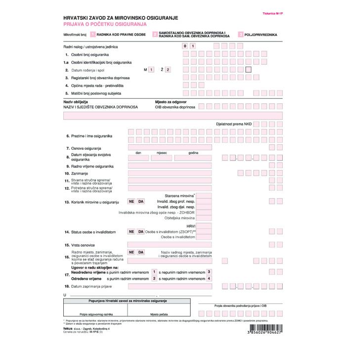 Obrazac M-1P/E prijava o početku osiguranja pk10 Fokus