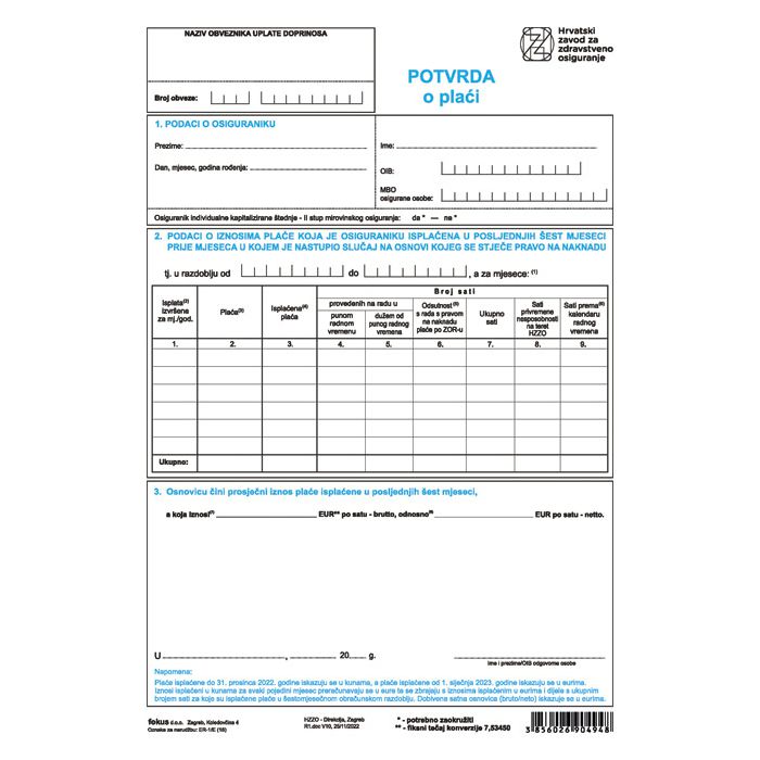 Obrazac ER-1/E potvrda o plaći pk10 Fokus